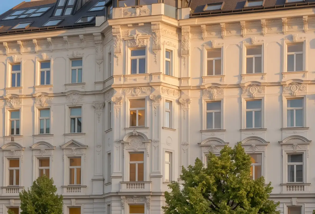 Wiener Altbau-Fassade im Abendlicht